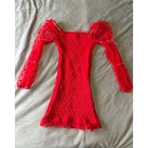 EillyBazar Red Smocked Mini Dress Sheer Polka Dot Mesh Long Sleeve Ruffle Small